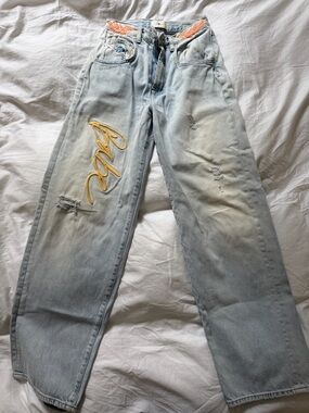7 For All Mankind Light Blue Straight-Leg Jeans with Yellow Embroidery